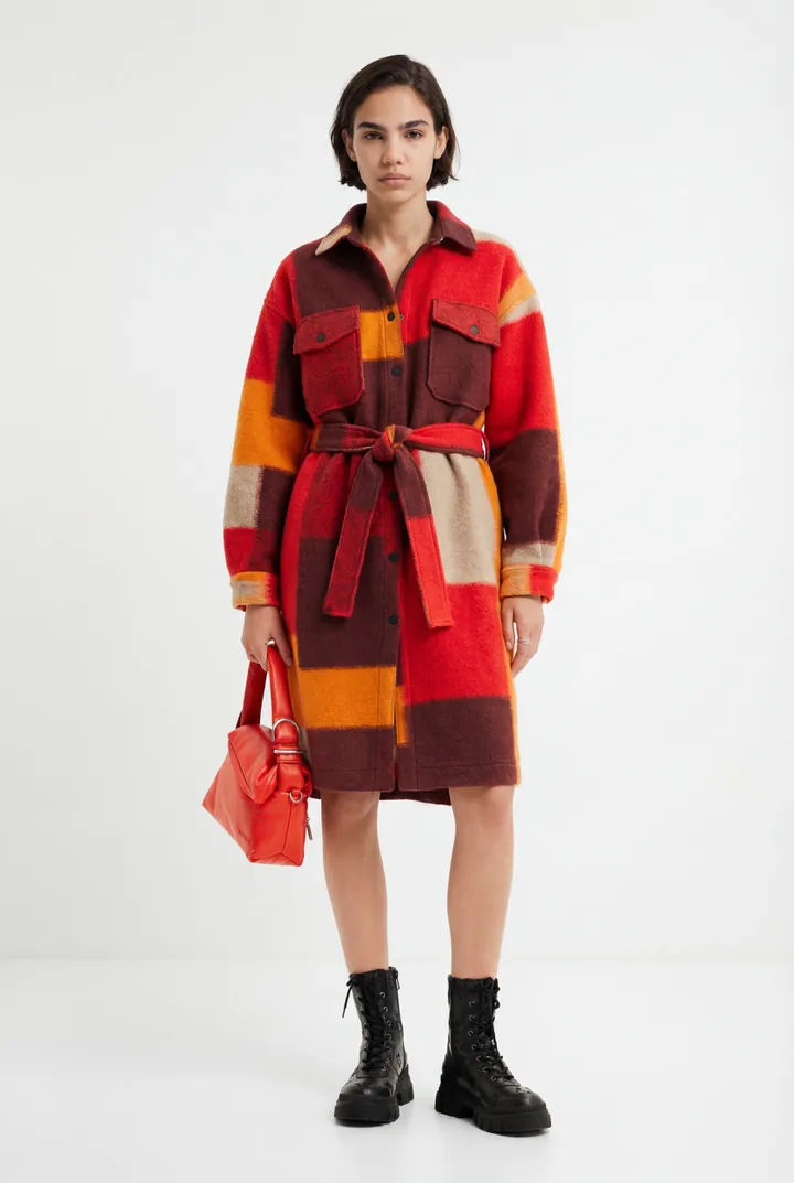Desigual, Abrigo sobrecamisa cuadros, Naranja, L