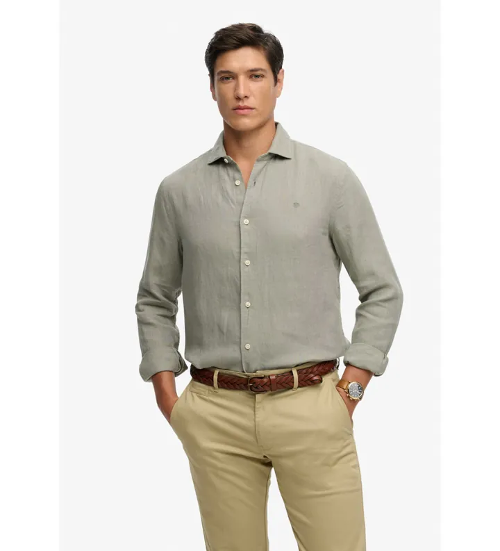 Superdry para hombre. M4011103A Camisa Riviera Lino verde (L), Casual, Clásico, Manga larga