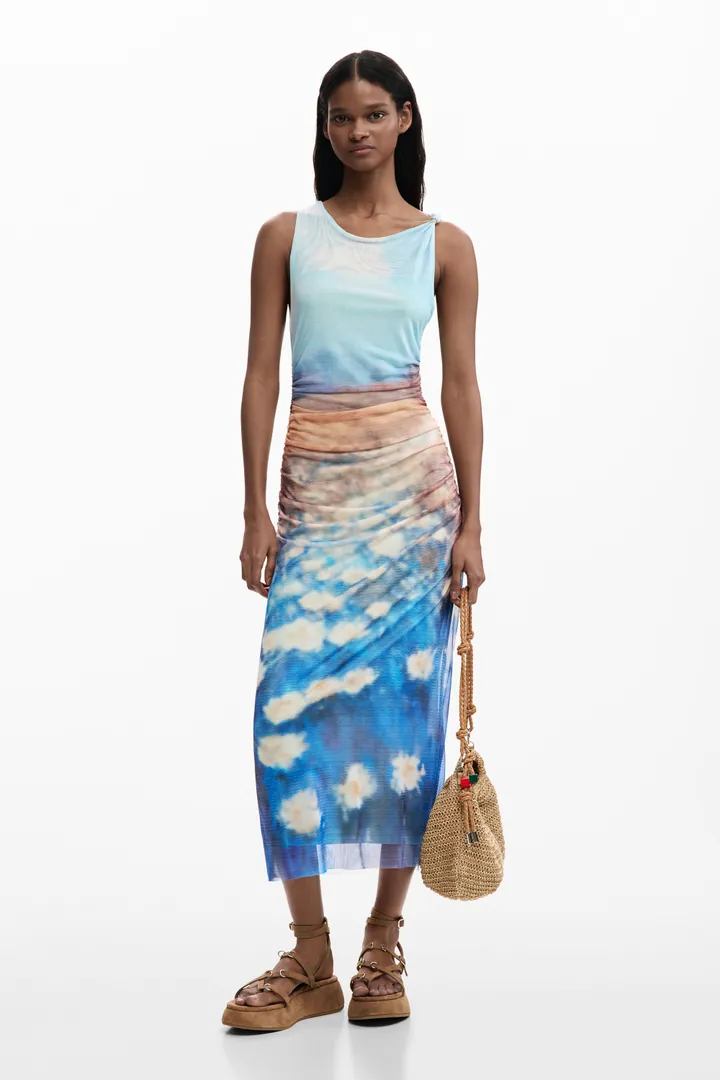 Desigual, Vestido drapeado nenúfares, Mujer, Poliester, Azul, L