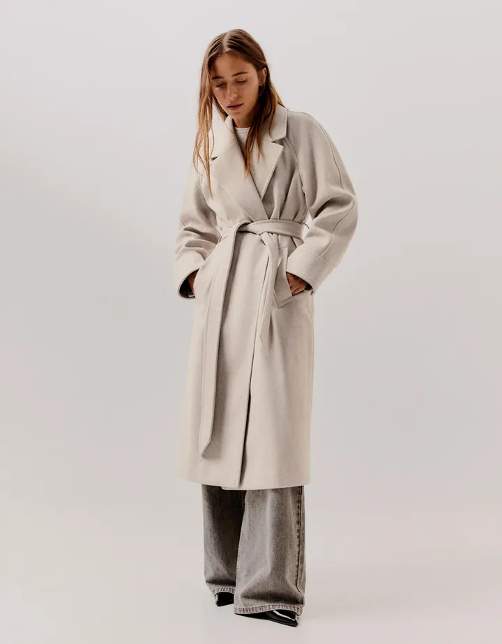 Bershka Abrigo Largo Soft Cinturón Mujer L Beige