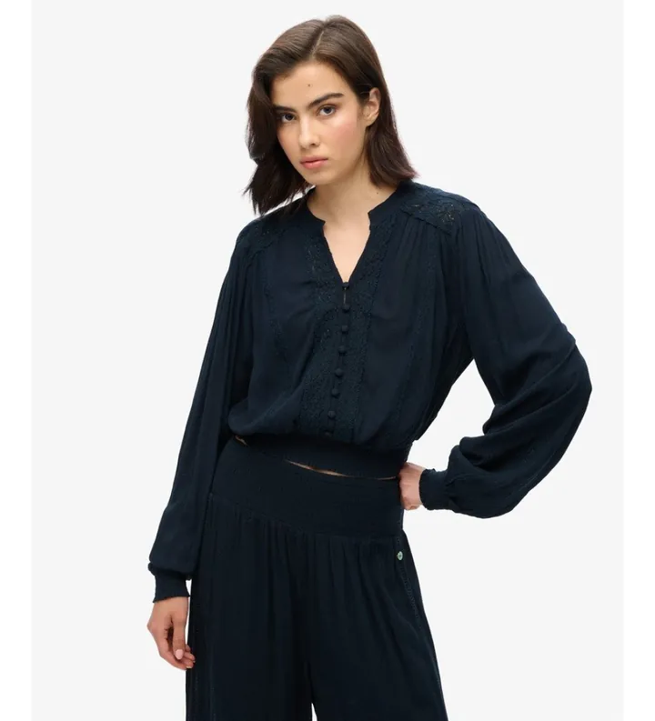 Superdry para mujer. W6011796A Blusa Lace Trim Smocked marino (L), Casual, Algodón, Manga larga