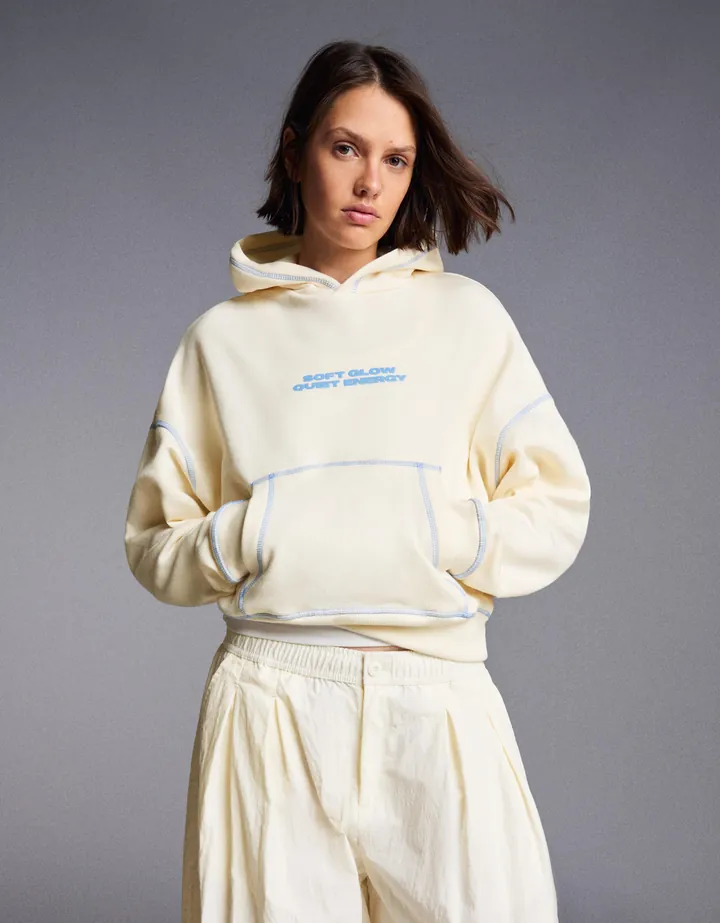 Bershka Sudadera Capucha Print Mujer L Crudo