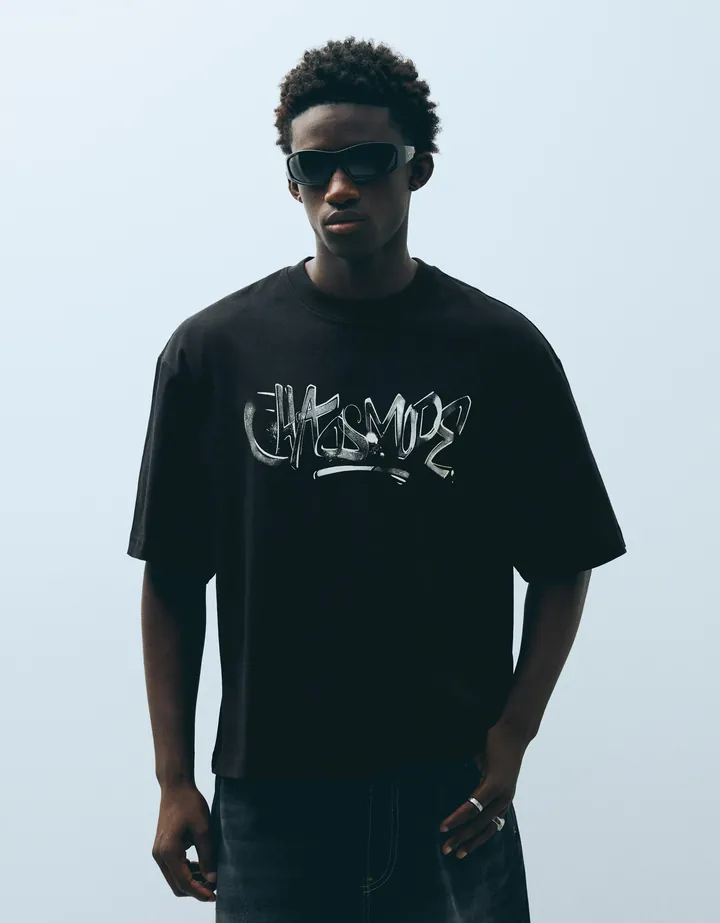 Bershka Camiseta Boxy Print Hombre L Negro