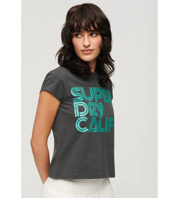 Superdry para mujer. W1011411A Camiseta con logotipo con purpurina Retro negro (L), Casual, Algodón, Manga corta