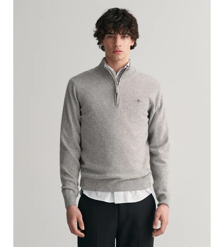 Gant para hombre. 87213 Jersey de lana de oveja muy fina con media cremallera gris (3XL), Casual