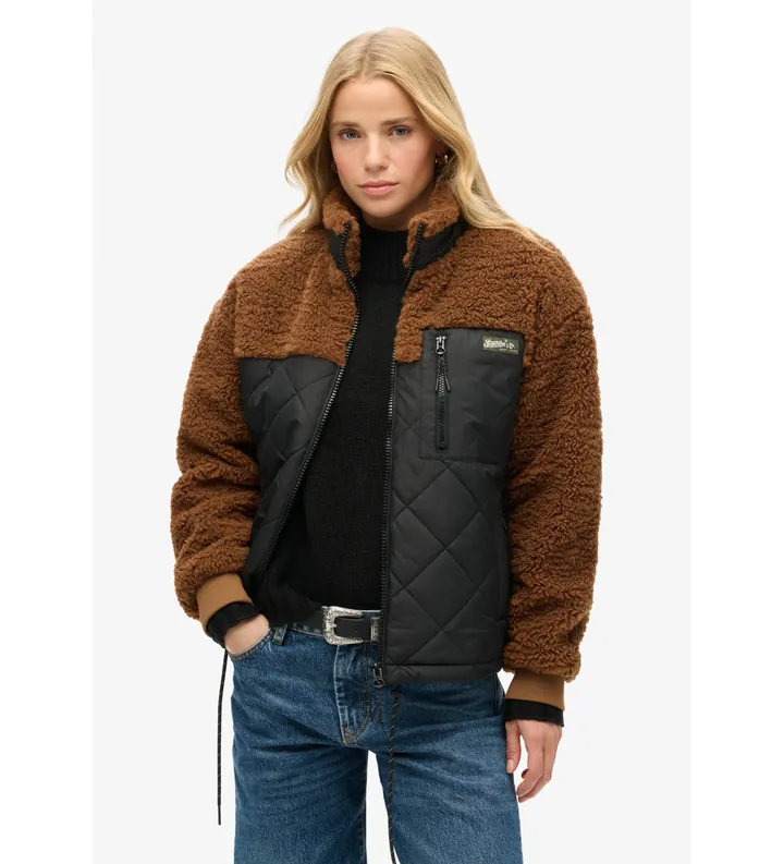 Superdry para mujer. W5011771A Chaqueta híbrida de tejido polar Workwear marrón (16), Casual, Poliéster, Sostenible
