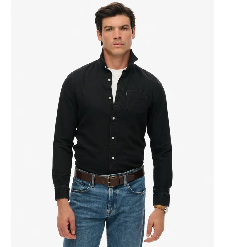 Superdry para hombre. M4011065A Camisa Essentials negro (L), Casual, Algodón, Manga larga