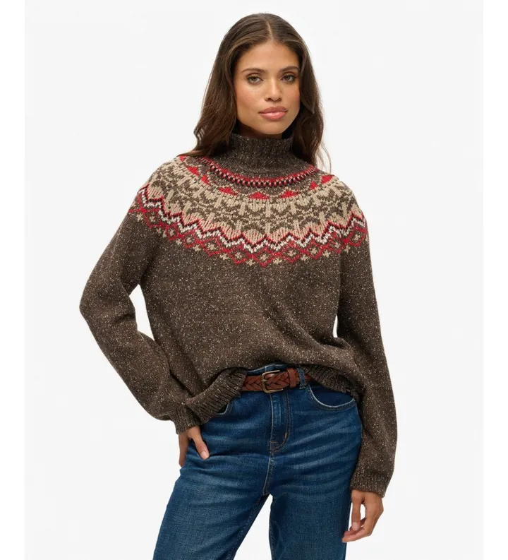 Superdry para mujer. W6110657A Jersey Fairisle cuello alto marrón (L), Casual, Poliéster, Manga larga