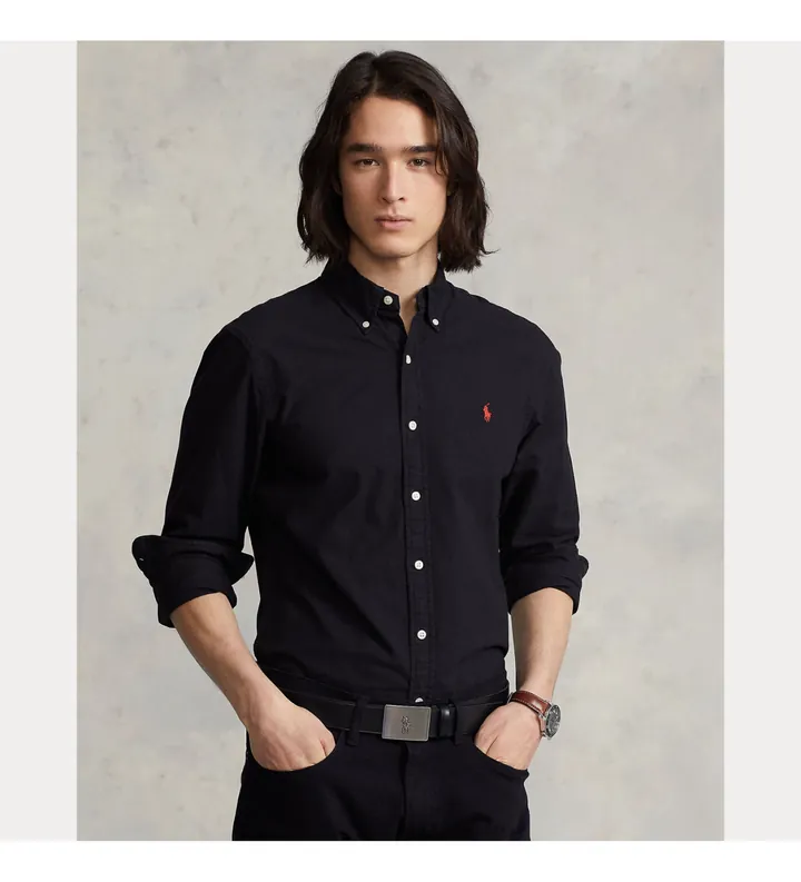 Polo Ralph Lauren para hombre. 710772288001 Camisa oxford Slim Fit teñida en prenda negro (L), Casual, Algodón, Manga larga