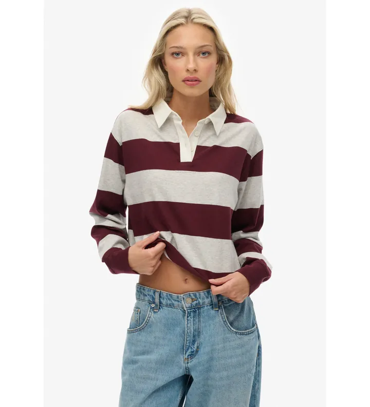 Superdry para mujer. W6012175A Polo Stripe Rugby gris, burdeos (L), Casual, Algodón, Manga larga
