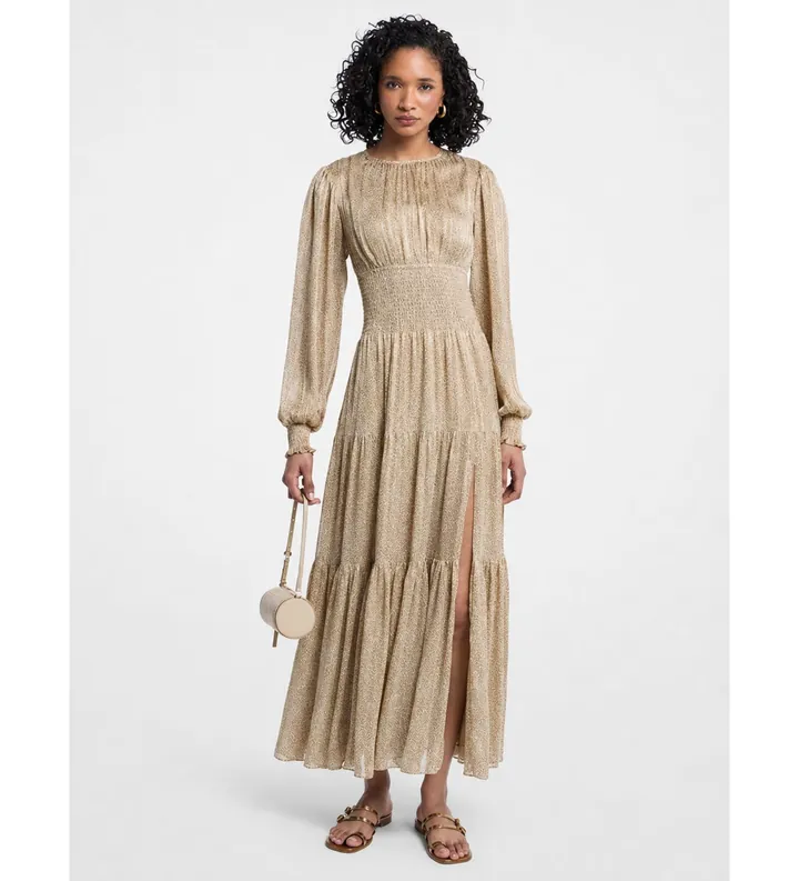 Michael Kors para mujer. MT6835PL3E Vestido maxi smock de manga larga beige (L), Casual, Poliéster