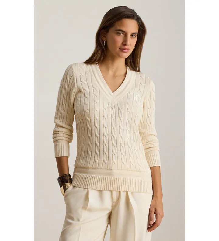 Lauren Ralph Lauren para mujer. 200888795011 Jersey de críquet en punto de ochos beige (L), Casual, Algodón, Manga larga