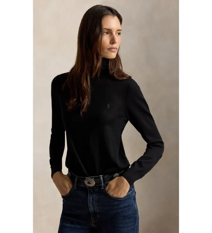 Polo Ralph Lauren para mujer. 211B17732002 Jersey de lana con cuello vuelto negro (L), Casual, Manga larga