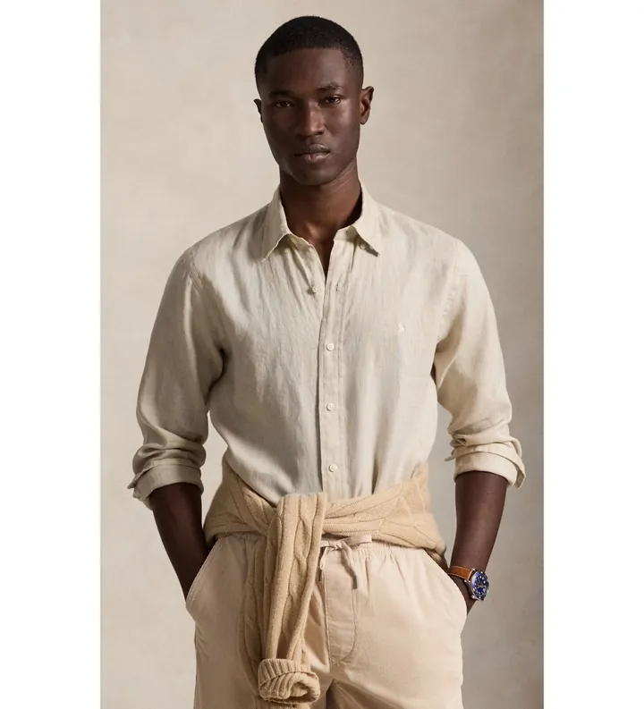 Polo Ralph Lauren para hombre. 710966294518 Camisa de lino Custom Fit beige (S), Casual, Manga larga