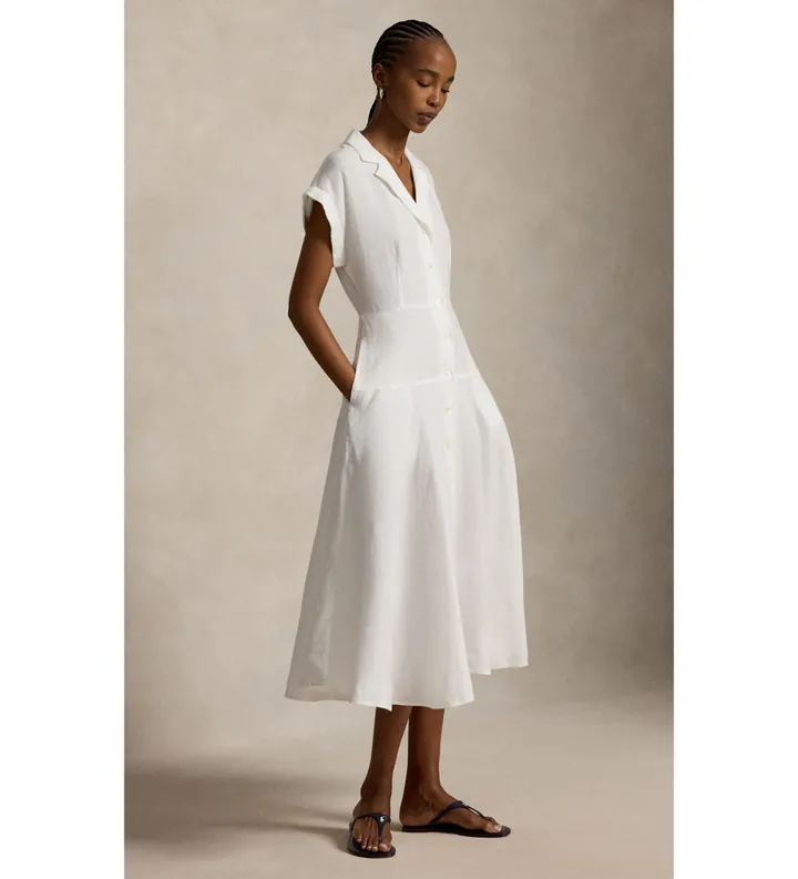 Polo Ralph Lauren para mujer. 211B22538001 Vestido camisero de lino con manga corta blanco roto (34), Casual