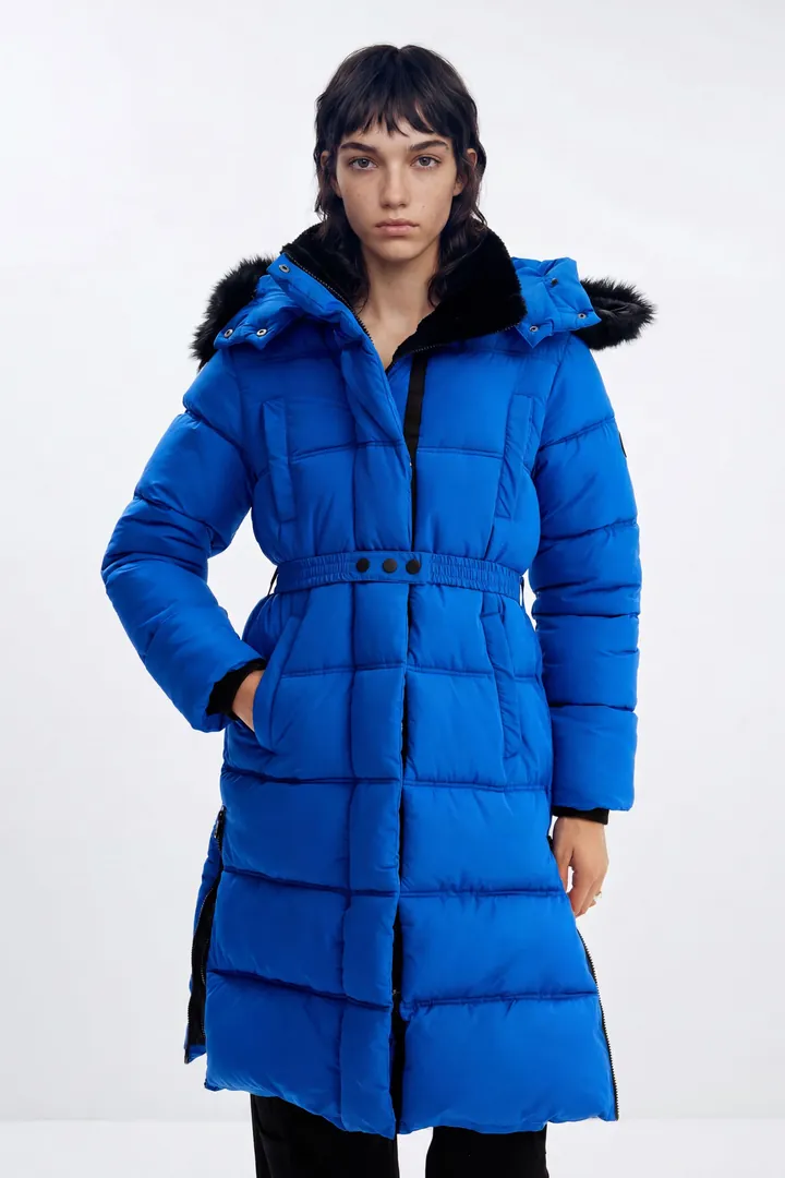 Desigual, Abrigo acolchado cinturón, Poliester, Azul, L