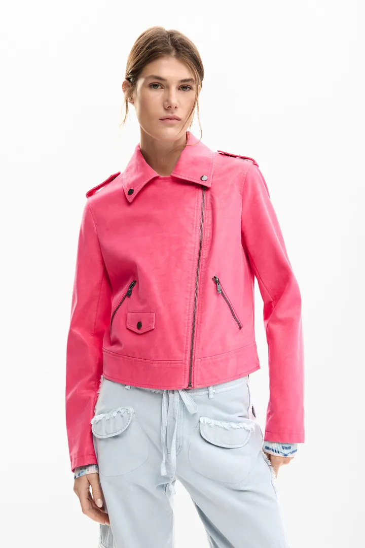 Desigual, Cazadora biker efecto piel, Mujer, Poliuretano, Rojo, L