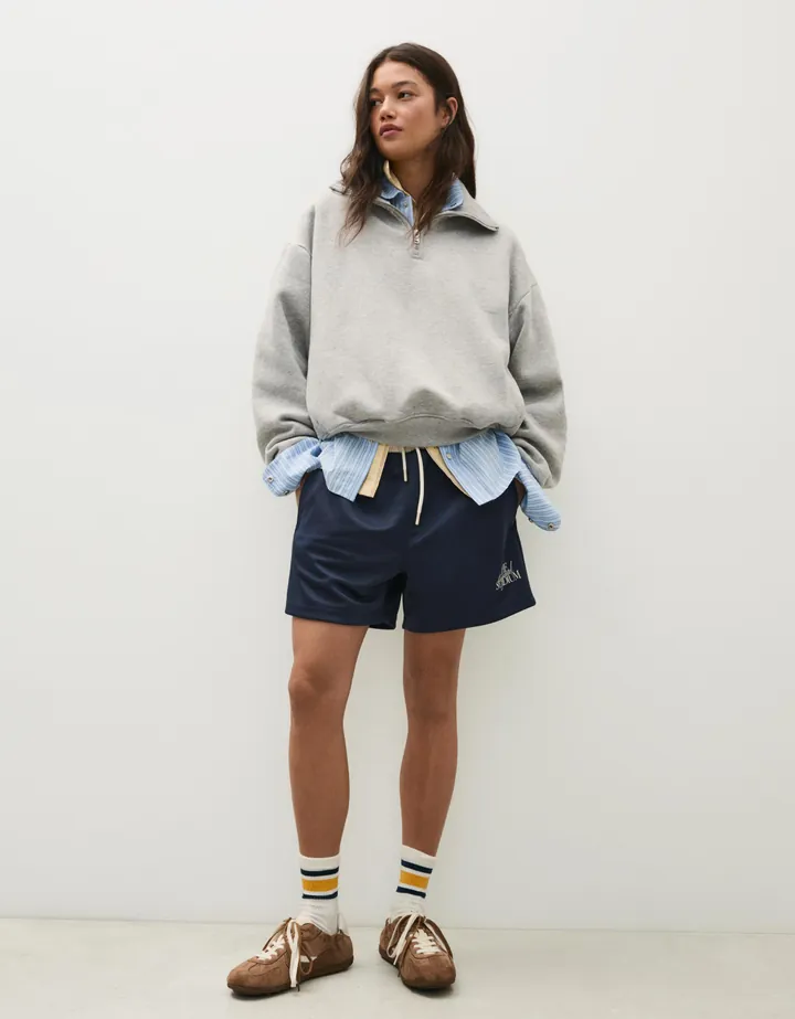 Bershka Sudadera Cremallera Cuello Perkins Mujer L Gris