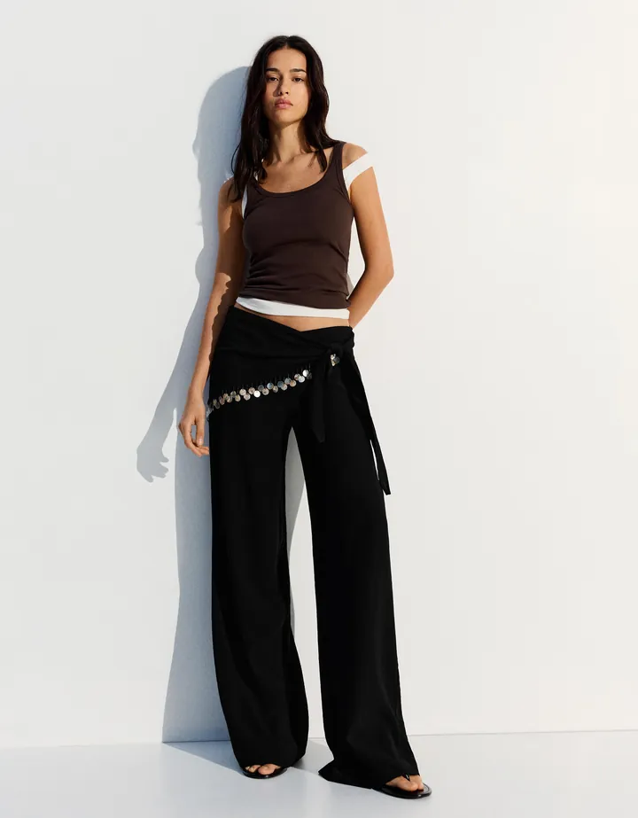 Bershka Pantalón Bambula Pañuelo Mujer 32 Negro