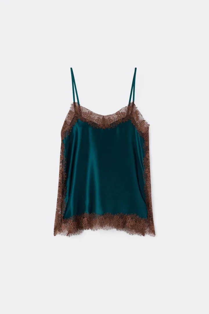 Intimissimi Top de Raso de Seda con Encaje en Contraste Lace Perfection Mujer Verde Tamaño L