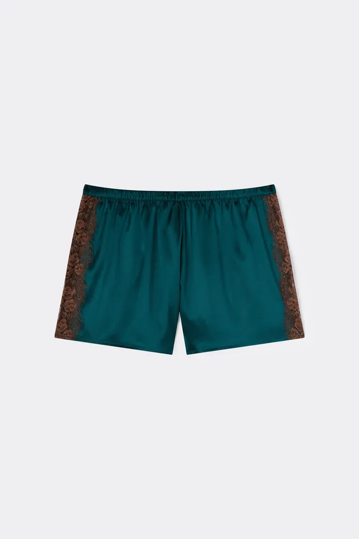 Intimissimi Shorts de Raso de Seda con Encaje en Contraste Lace Perfection Mujer Verde Tamaño L