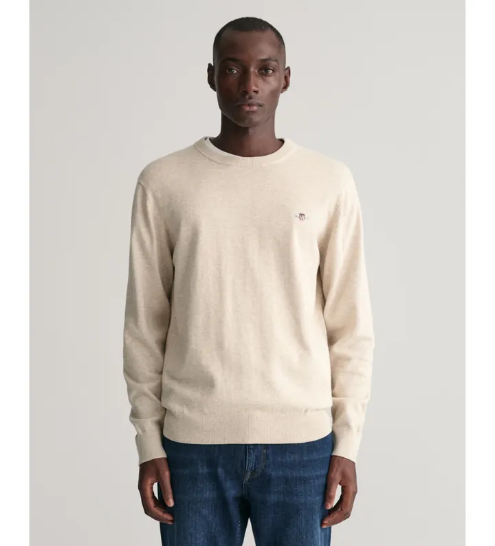 Gant para hombre. 8030561 Jersey de cuello redondo de algodón clásico beige (3XL), Casual, Manga larga