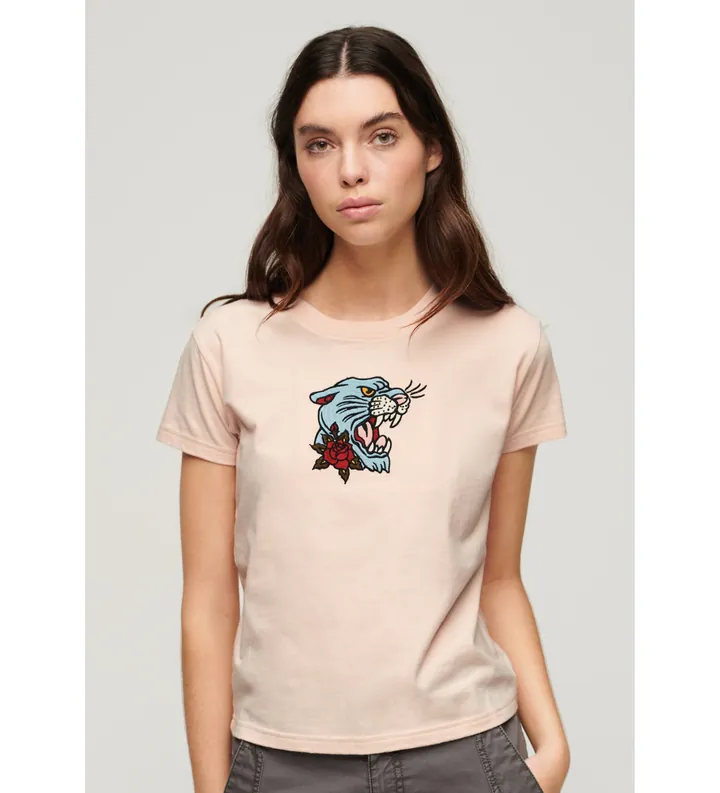 Superdry para mujer. W1011419A Camiseta con bordado con motivo de tatuaje rosa (M), Casual, Algodón, Manga corta