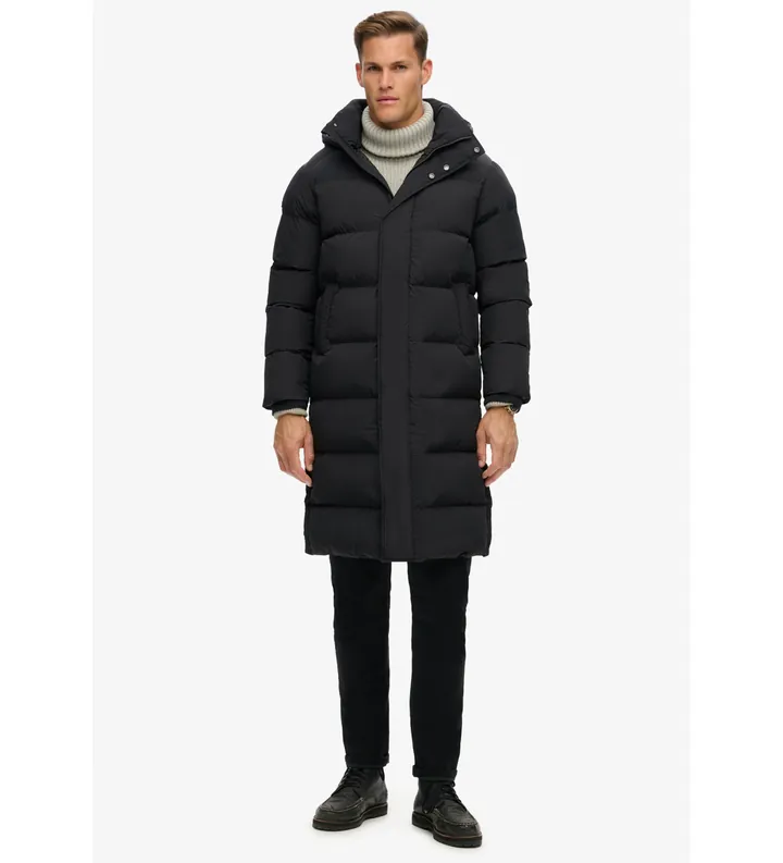 Superdry para hombre. M5011977A Chaqueta acolchada larga con capucha negro (L), Casual, Sostenible, Nylon reciclado