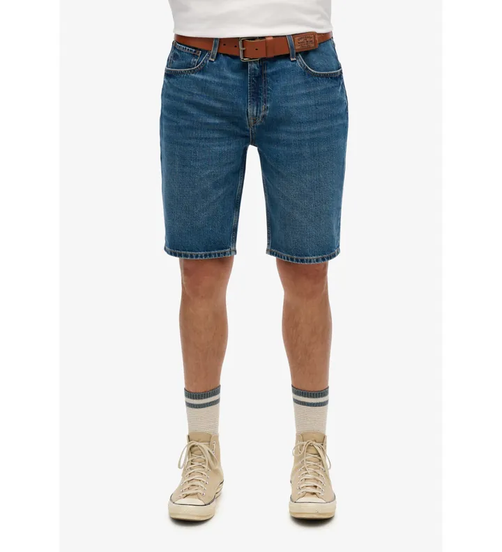 Superdry para hombre. M7110394A Pantalón corto recto con logotipo Vintage Logo azul (28), Casual, Algodón, Denim