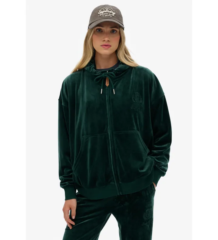 Superdry para mujer. W2012544A Sudadera Country Club Velour Ziphood verde (L), Casual, Poliéster