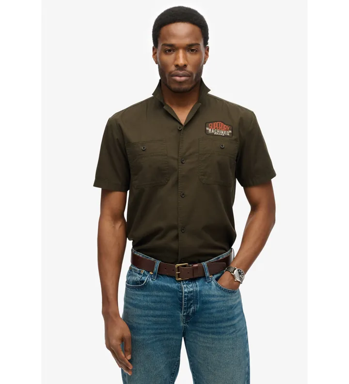Superdry para hombre. M4010939A Camisa Mechanic verde (L), Casual, Algodón, Manga corta