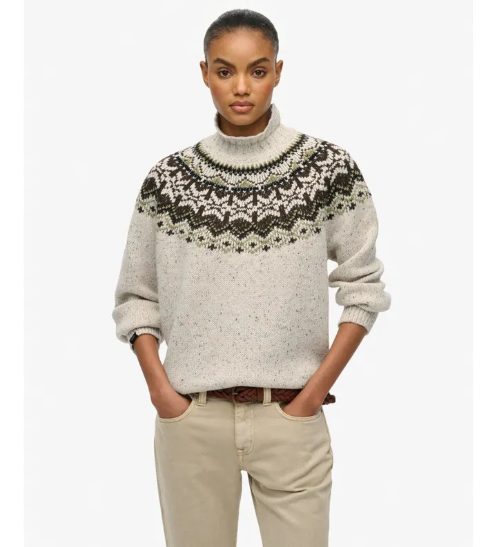 Superdry para mujer. W6110657A Jersey Fairisle cuello alto blanco roto (L), Casual, Poliéster, Manga larga