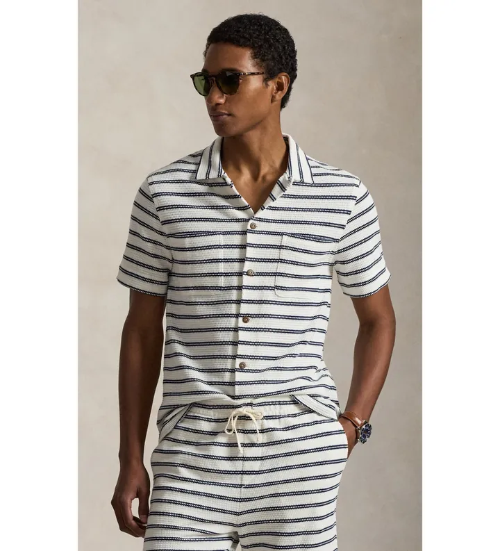 Polo Ralph Lauren para hombre. 710A13005001 Camisa de punto y pointelle con rayas blanco, marino (L), Casual, Algodón, Manga corta