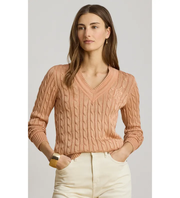 Lauren Ralph Lauren para mujer. 200888795012 Jersey de críquet en punto de ochos coral (L), Casual, Algodón, Manga larga