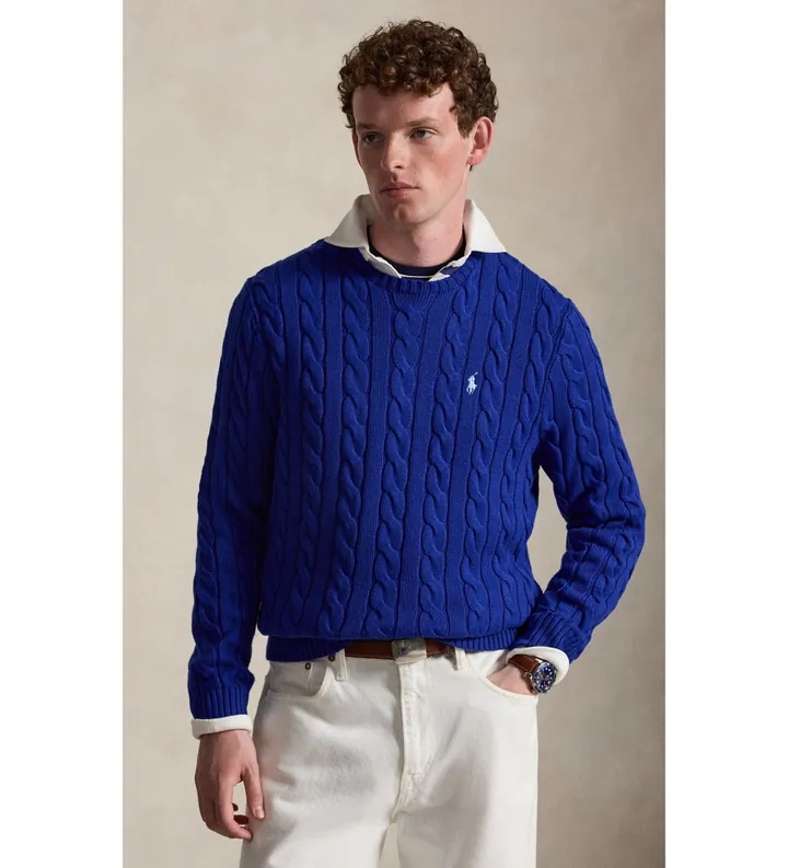 Polo Ralph Lauren para hombre. 710775885544 Jersey de algodón en punto de ochos marino (L), Azul, Casual, Manga larga