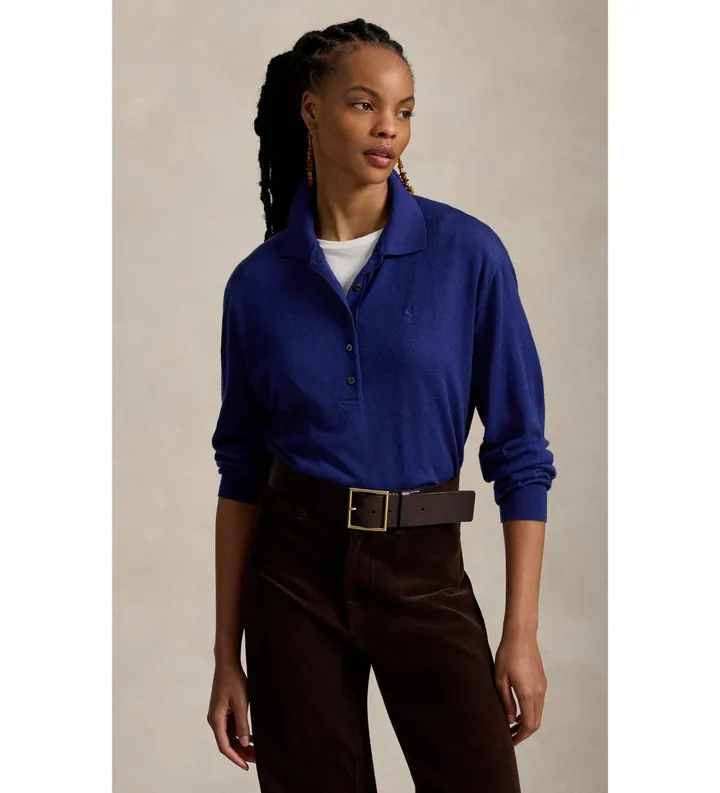 Polo Ralph Lauren para mujer. 211B17729002 Jersey de lana con cuello de polo azul (L), Casual, Manga larga