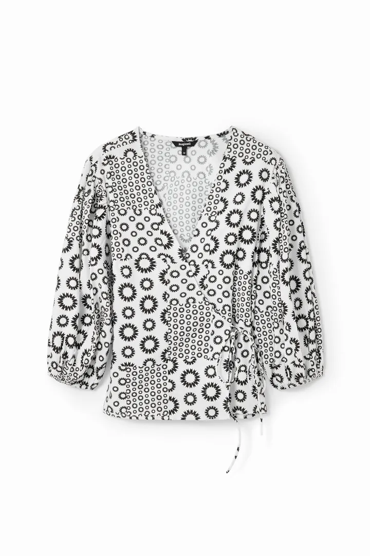 Desigual, Blusa cruzada estampada, Algodon, Negro, L