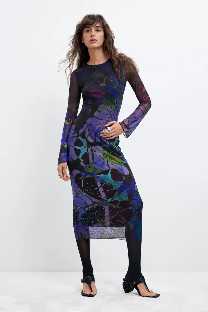 Desigual, Vestido tul estampado M. C. Lacroix, Mujer, Poliester, Azul, L