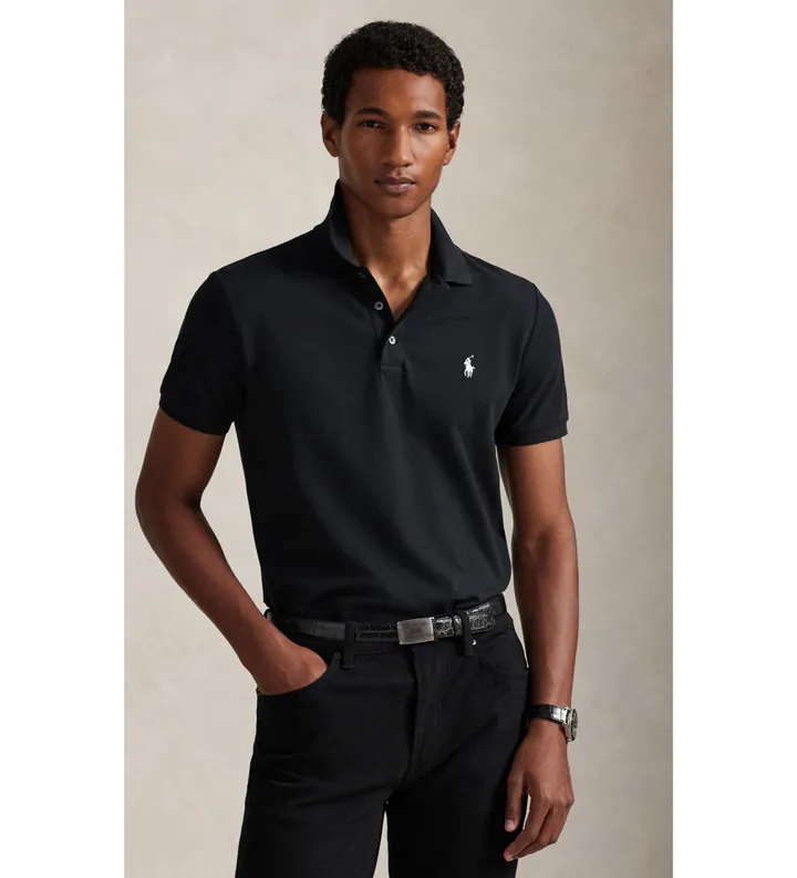 Polo Ralph Lauren para hombre. 710941439040 Polo de piqué elástico Custom Slim Fit negro (S), Casual, Algodón, Manga corta