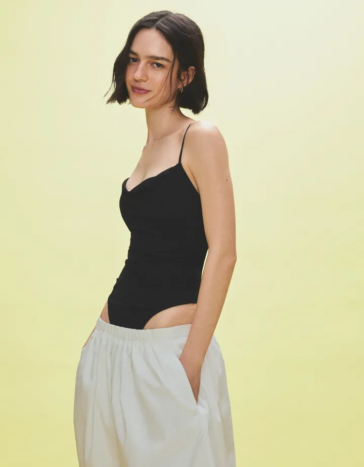 Bershka Body Tirantes Drapeado Mujer L Negro