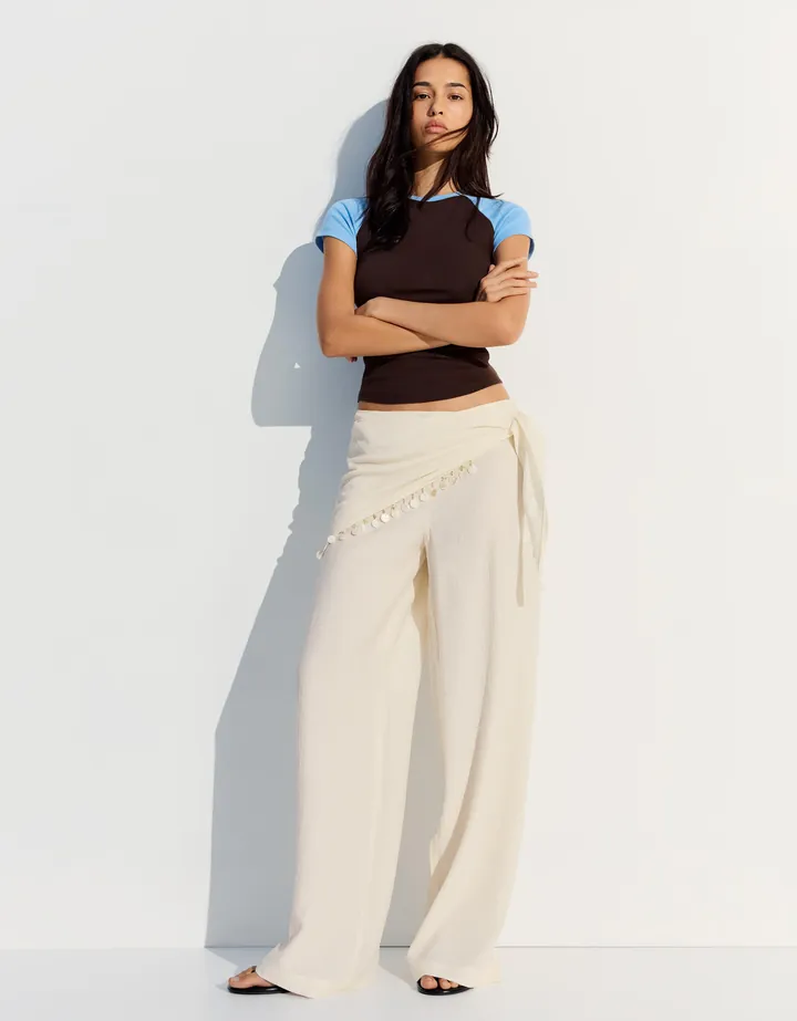 Bershka Pantalón Bambula Pañuelo Mujer 32 Blanco Roto
