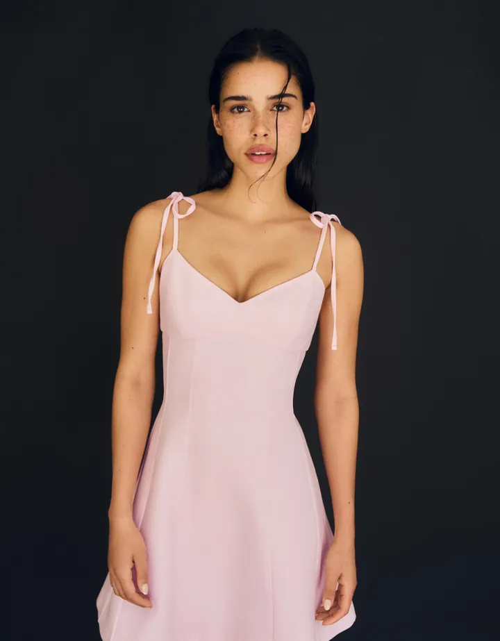 Bershka Vestido Mini Tirantes Lazos Mujer L Rosa