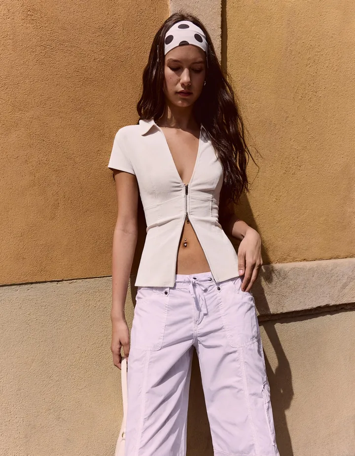 Bershka Camisa Manga Corta Cremallera Mujer L Arena