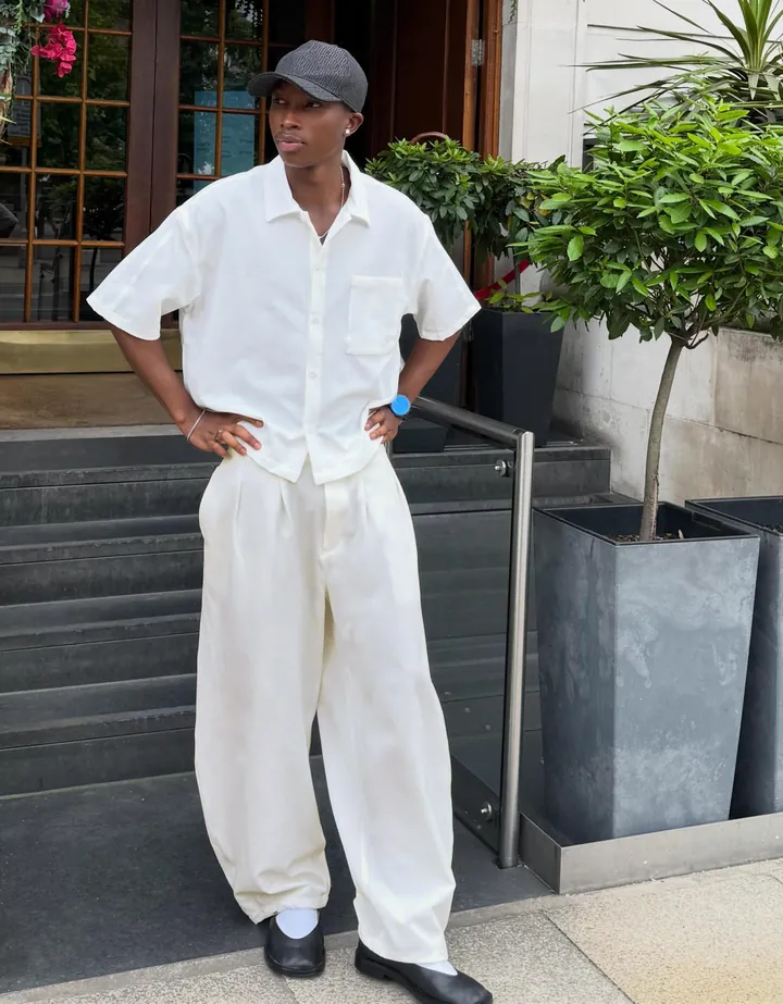 Bershka Camisa Manga Corta Boxy Plisada Hombre L Blanco