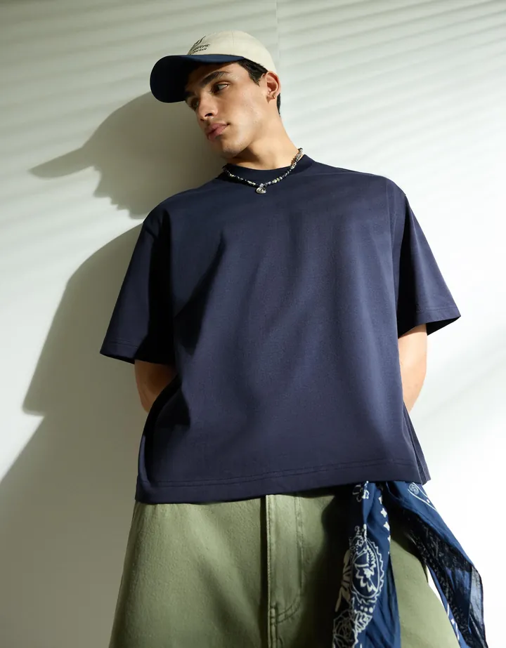 Bershka Camiseta Boxy Heavy Hombre L Marino