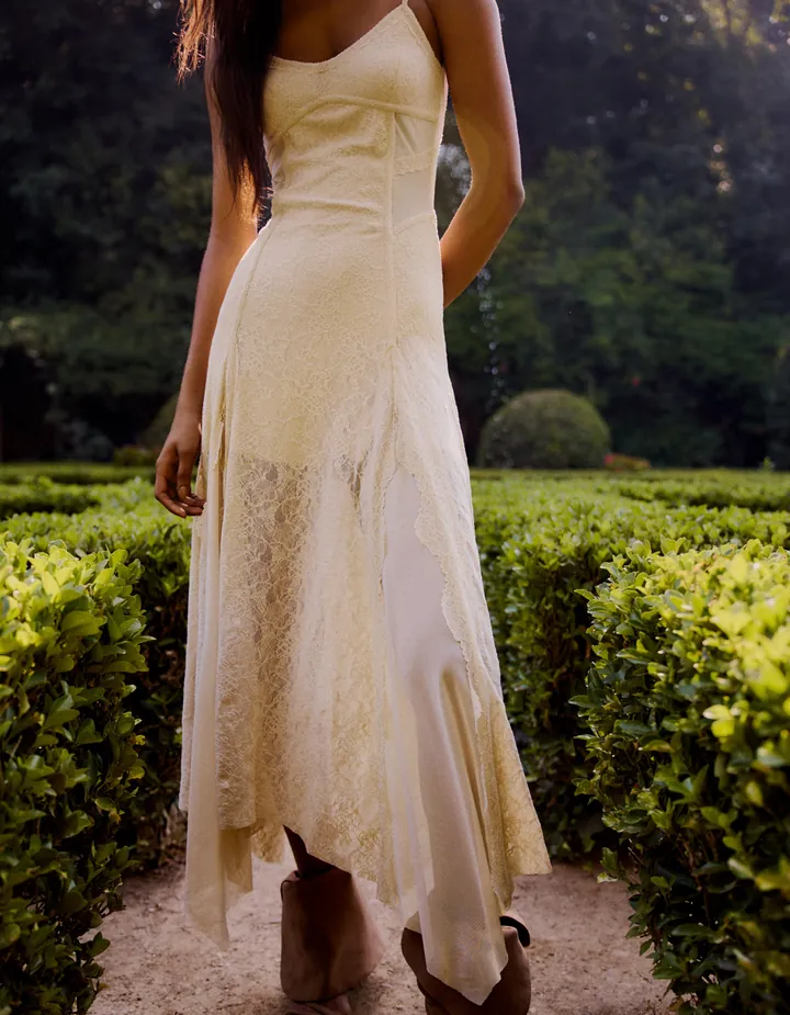 Bershka Vestido Midi Tirantes Encaje Mujer L Arena