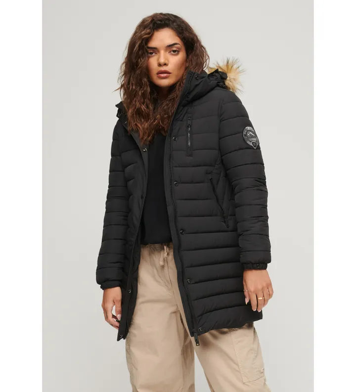 Superdry para mujer. W5011564A Abrigo acolchado con capucha Fuji de largo medio negro (M), Casual, Poliéster, Manga larga