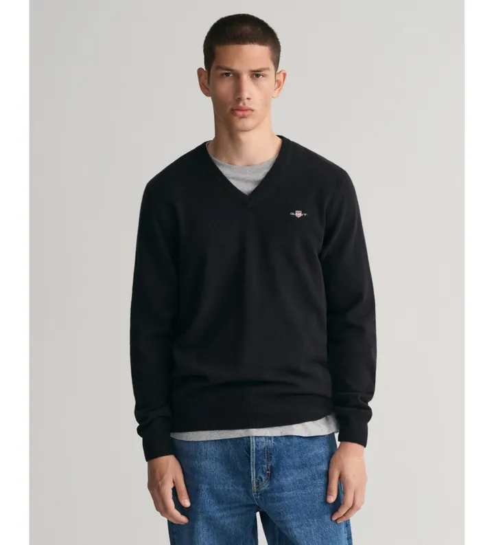 Gant para hombre. 87212 Jersey de cuello de pico negro (M), Casual, Lana