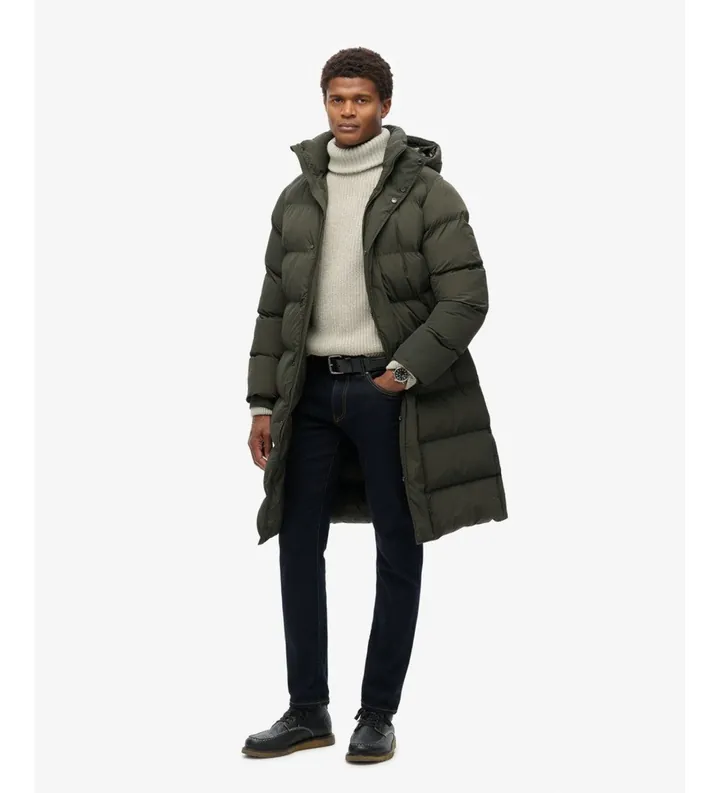 Superdry para hombre. M5011977A Chaqueta acolchada larga con capucha verde (L), Casual, Sostenible, Nylon reciclado