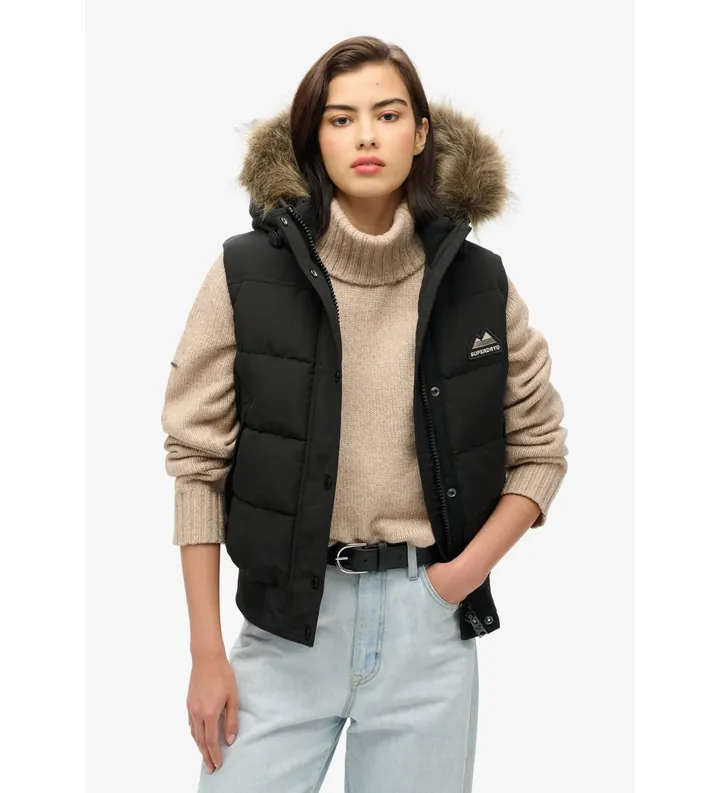 Superdry para mujer. W5011784A Chaleco Everest negro (L), Casual, Poliéster Reciclado, Sostenible